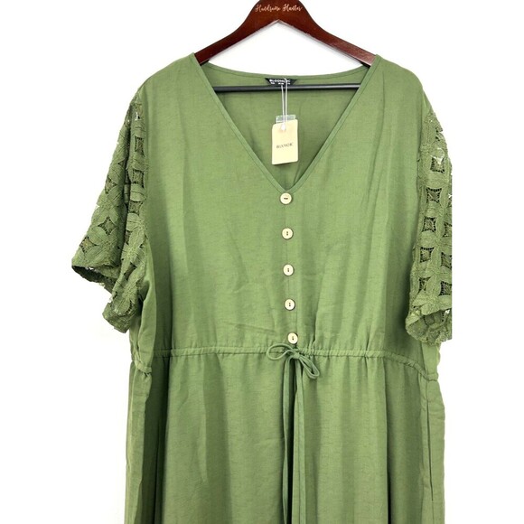 Bloomchic Women 26 4X Army Green Midi Dress Lace Short Sleeve Tiered Button Up - Picture 5 of 12
